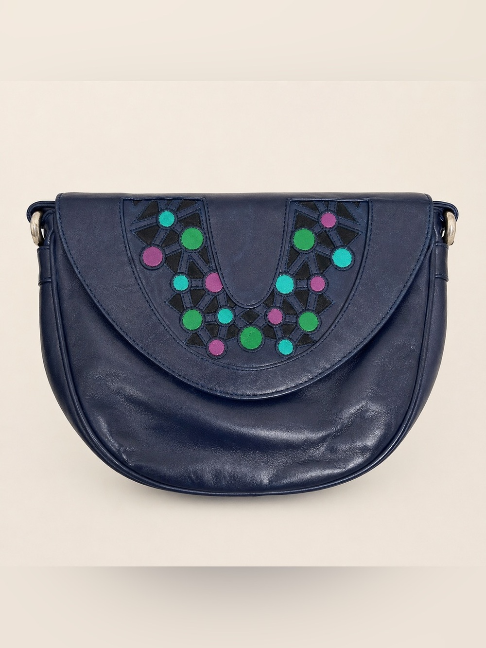 Vintage 80s Mima Venezia Leather Upper Crossbody Bag Navy Patchwork Italian